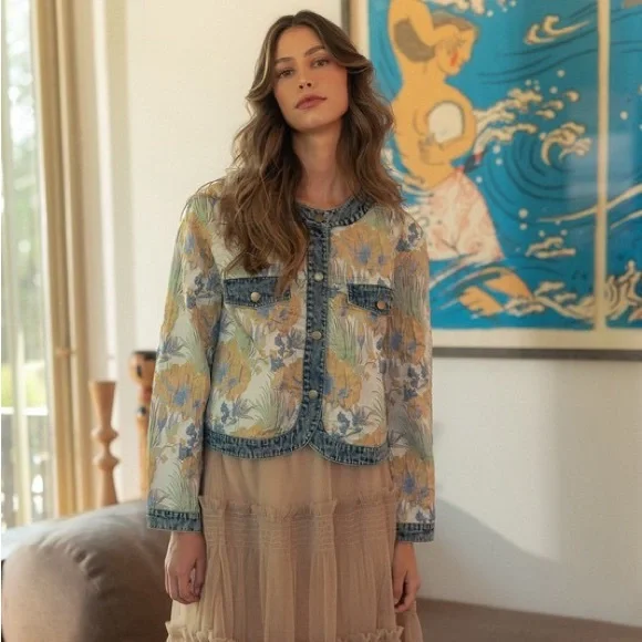 Annie Wear Floral Jacquard Denim Contrast Button Down Jacket - Picture 2 of 5